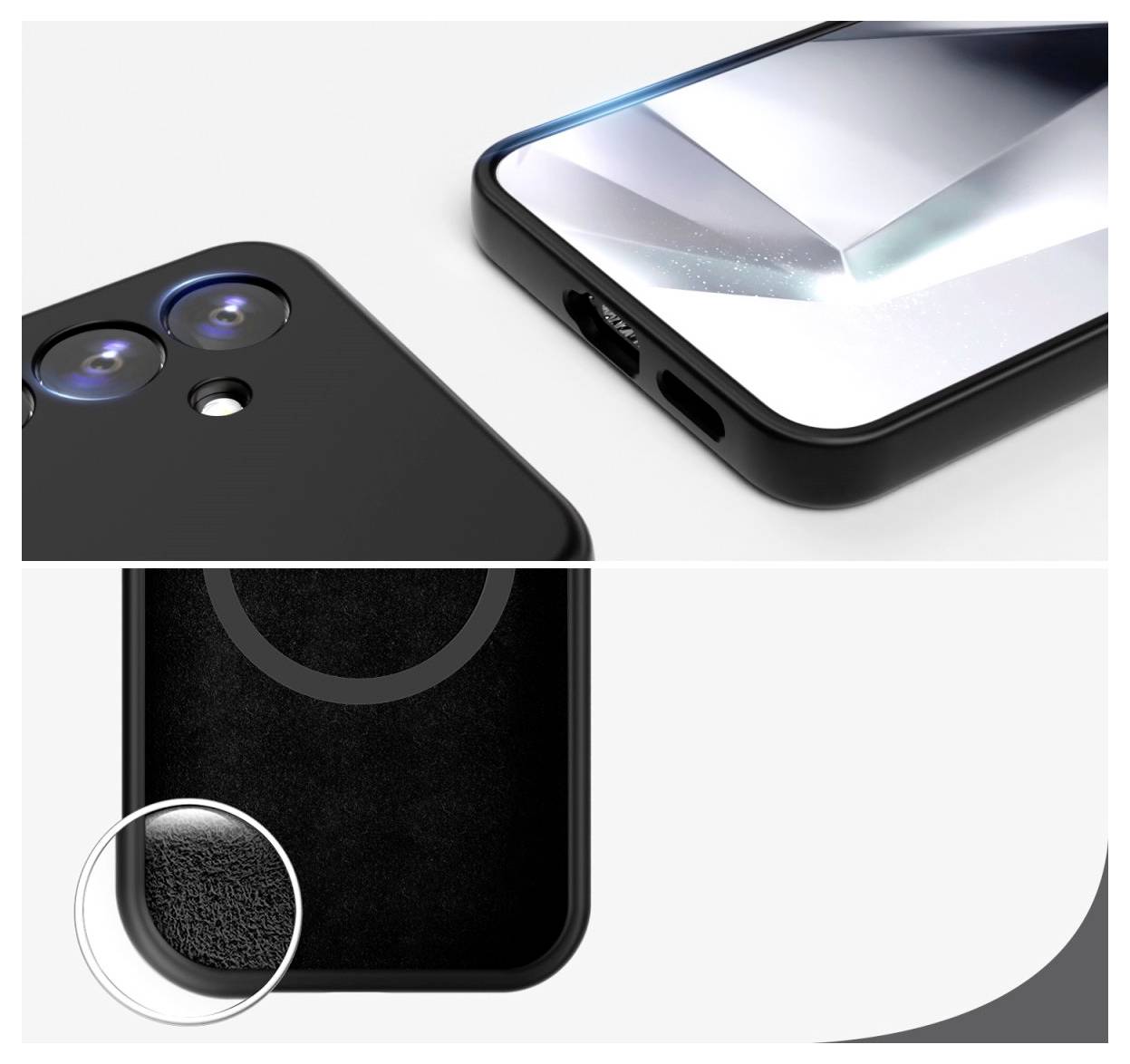 Gros plan sur une coque de protection noire pour smartphone, avec des ouvertures précises pour la caméra et les ports, et une structure intérieure texturée.