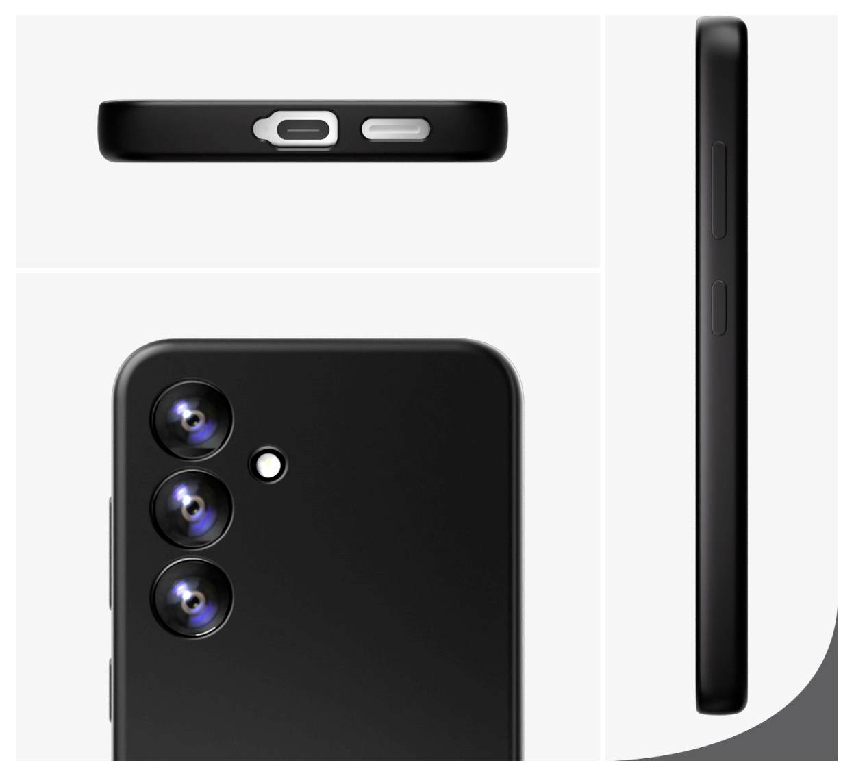 Vue de dessus, vue de profil et vue arrière d'un smartphone noir à trois caméras, dont le matériau principal semble être l'aluminium.