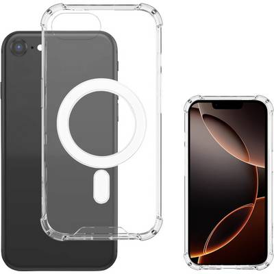Un smartphone noir avec un étui de protection transparent et un anneau magnétique circulaire. À côté, le smartphone avec son écran allumé.