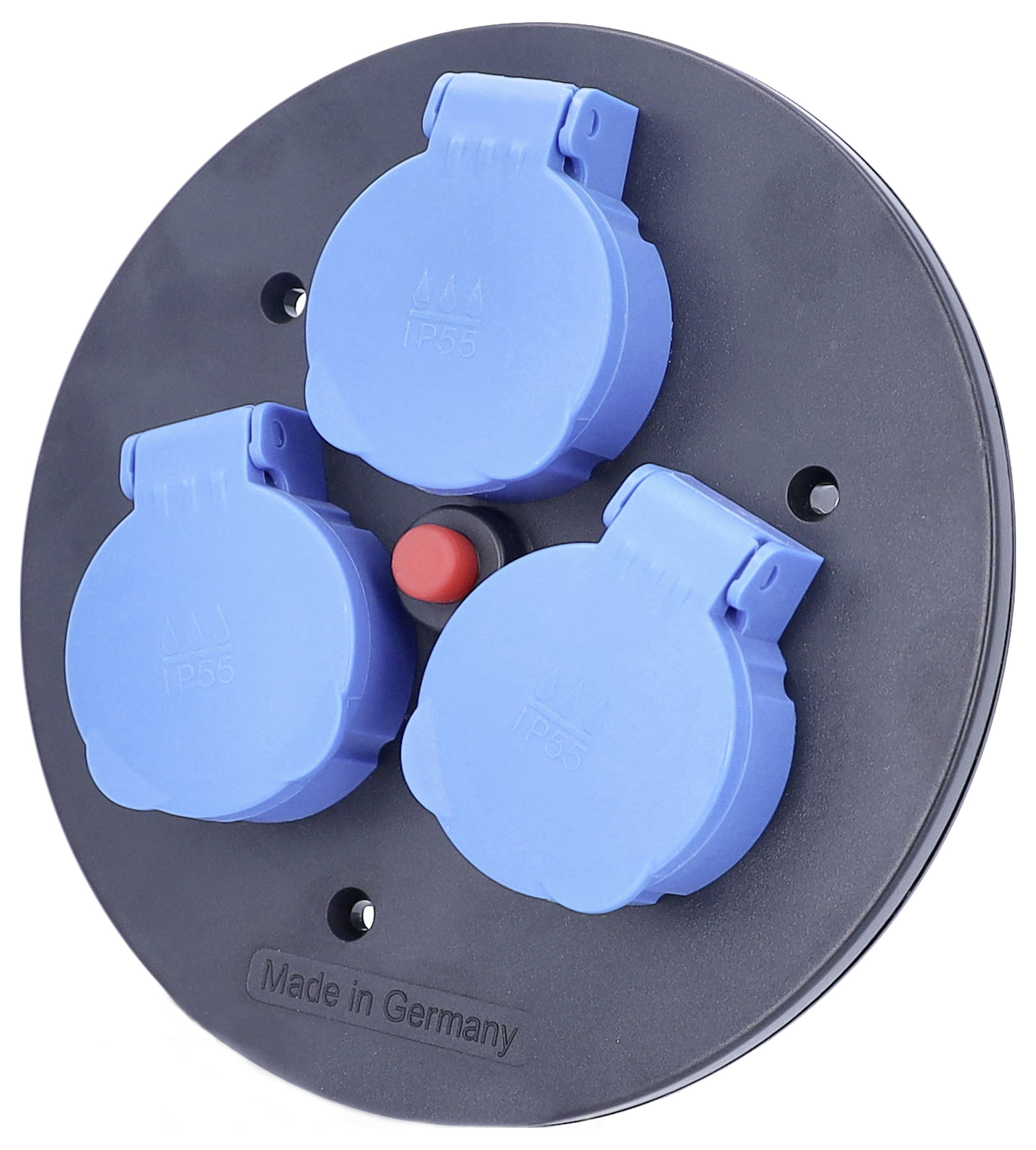 Trois prises électriques bleues, résistantes aux intempéries, sur une plaque noire avec un bouton rouge au centre. Inscription « Made in Germany ». Certifié IP55.