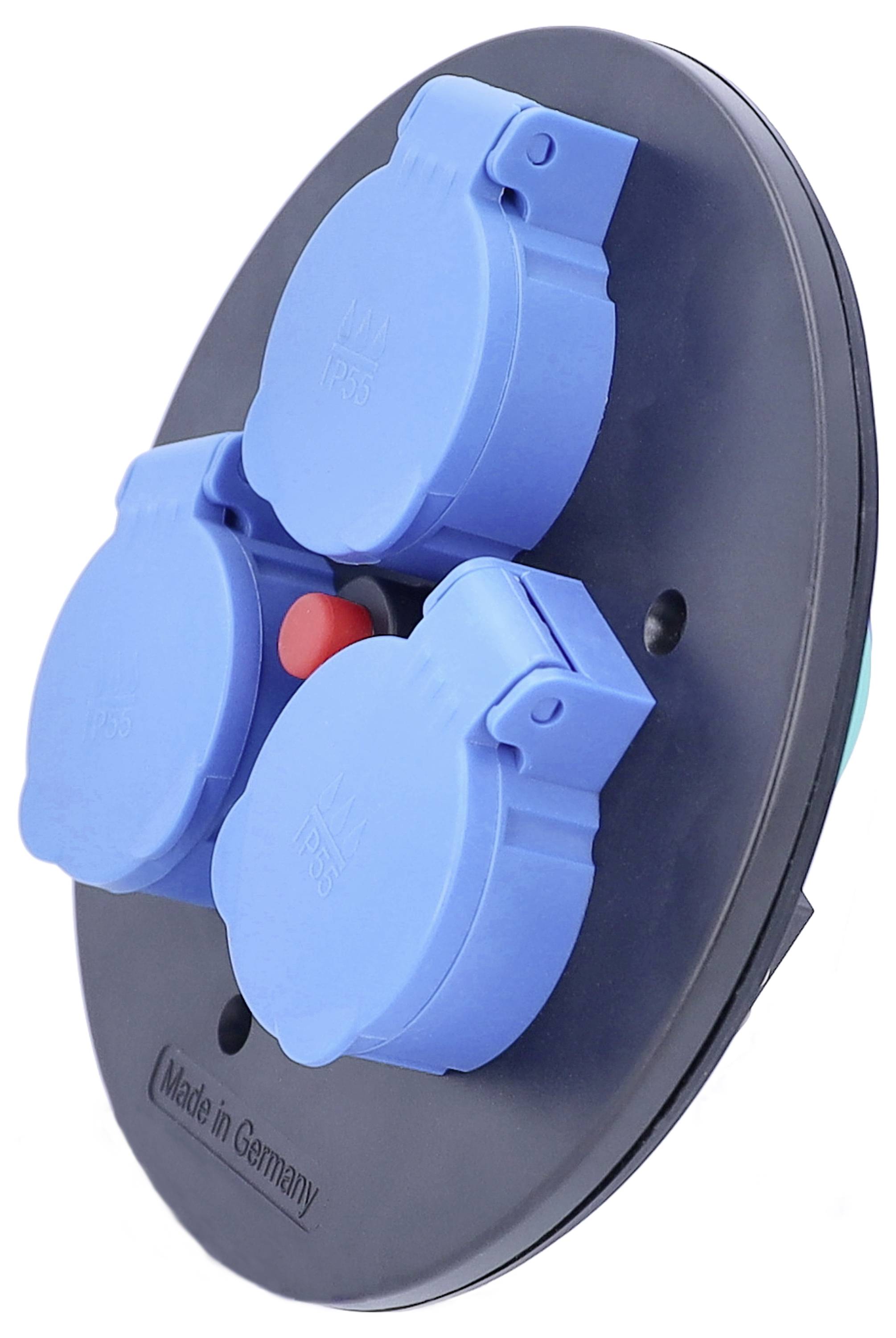 Trois prises électriques bleues, circulaires, disposées sur une base noire portant l'inscription « Made in Germany ».