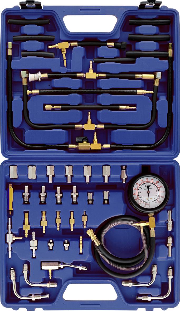 Coffret à outils comprenant un ensemble complet de mesure de pression, composé d'un manomètre, de tuyaux et de différents raccords, rangés dans deux compartiments.