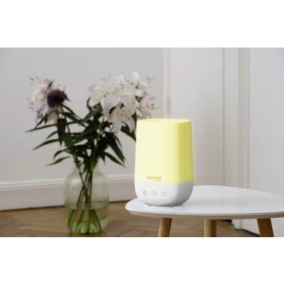 Un humidificateur jaune sur une table devant un bouquet de fleurs dans un vase, capturé dans une pièce lumineuse avec un sol en bois.