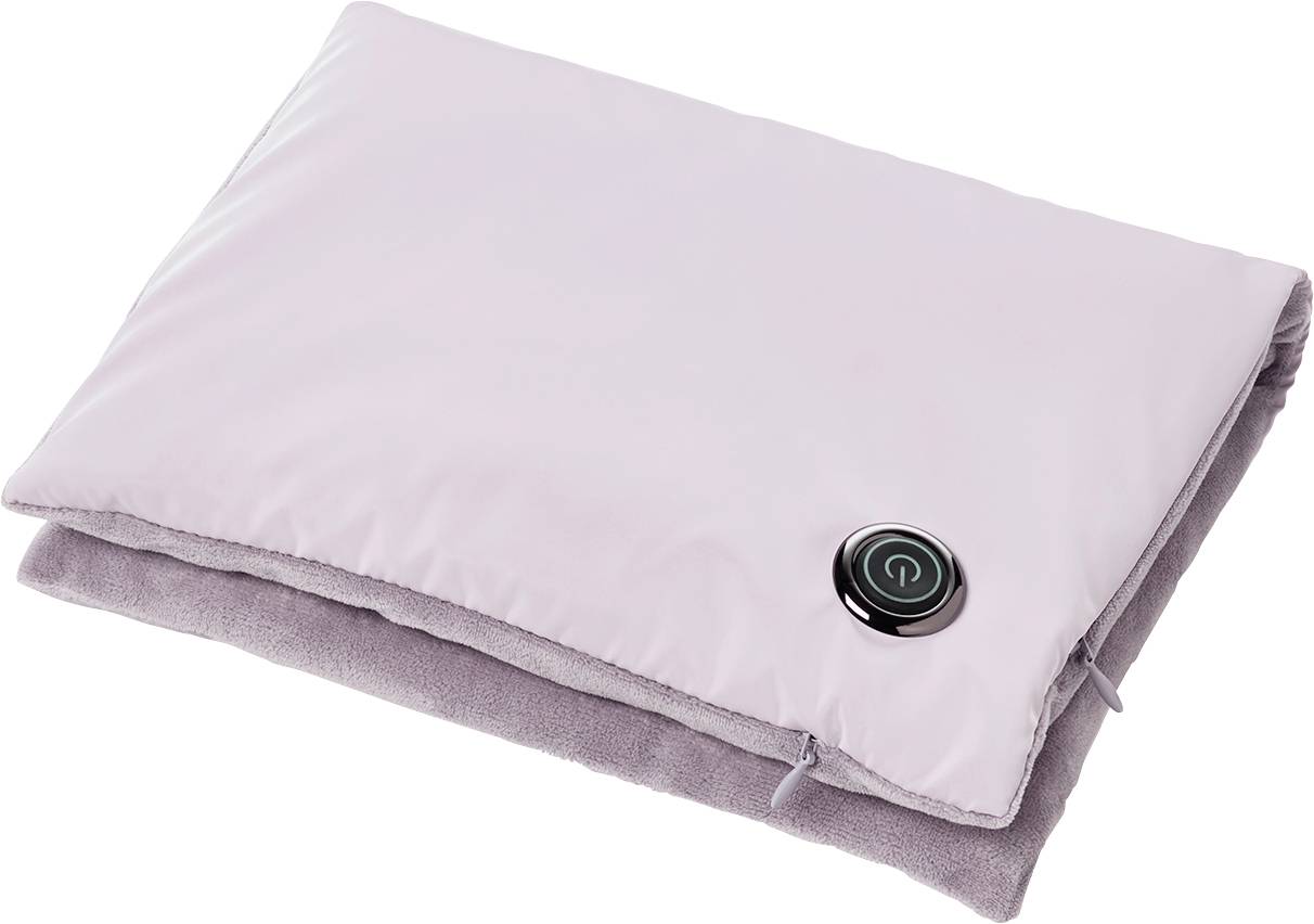 Coussin chauffant rose avec surface en tissu et un bouton marche/arrêt noir dans le coin, ressemblant à une touche de télécommande.