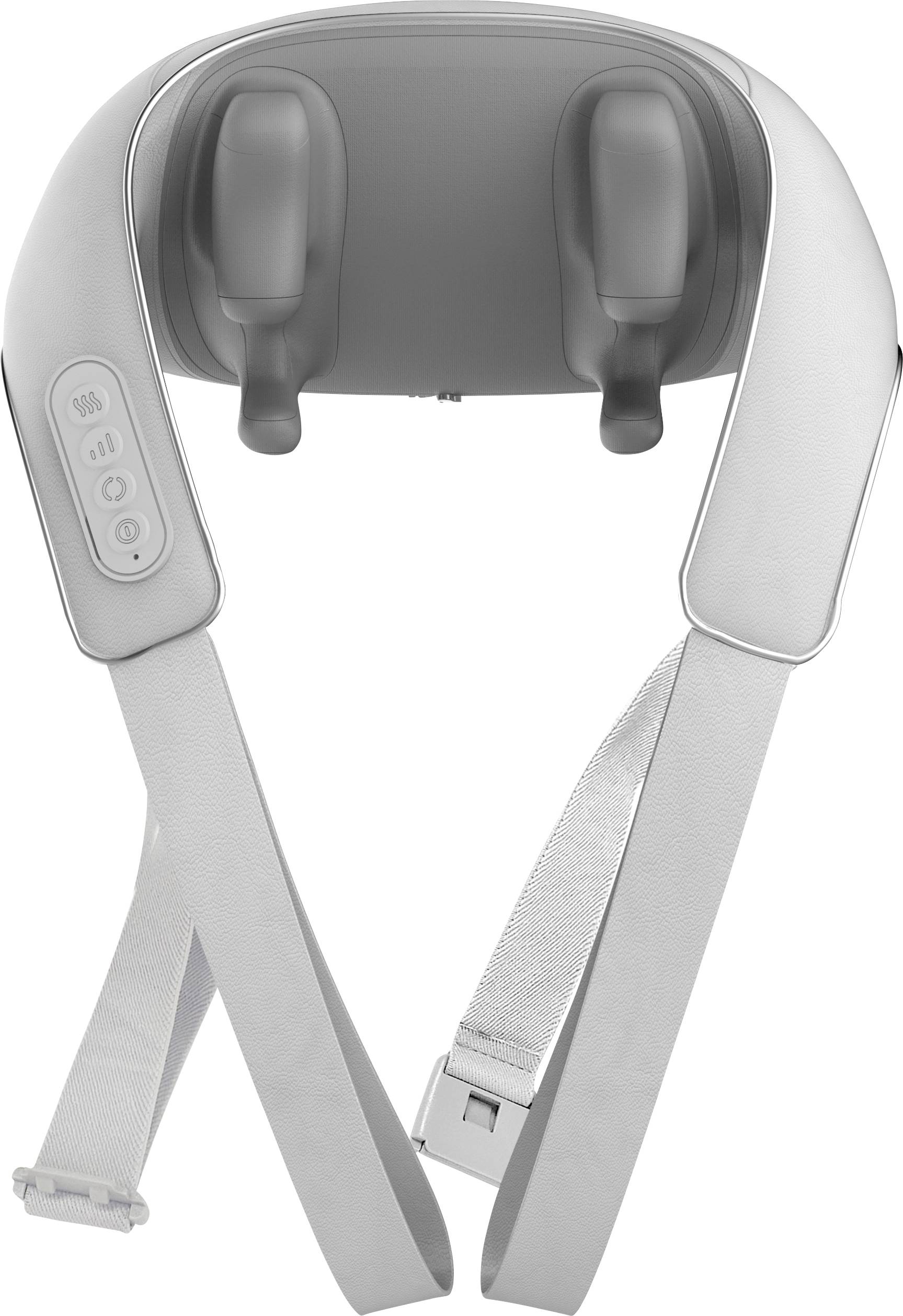 Un appareil de massage cervical gris avec des commandes sur le côté, deux têtes de massage rotatives et des sangles réglables.