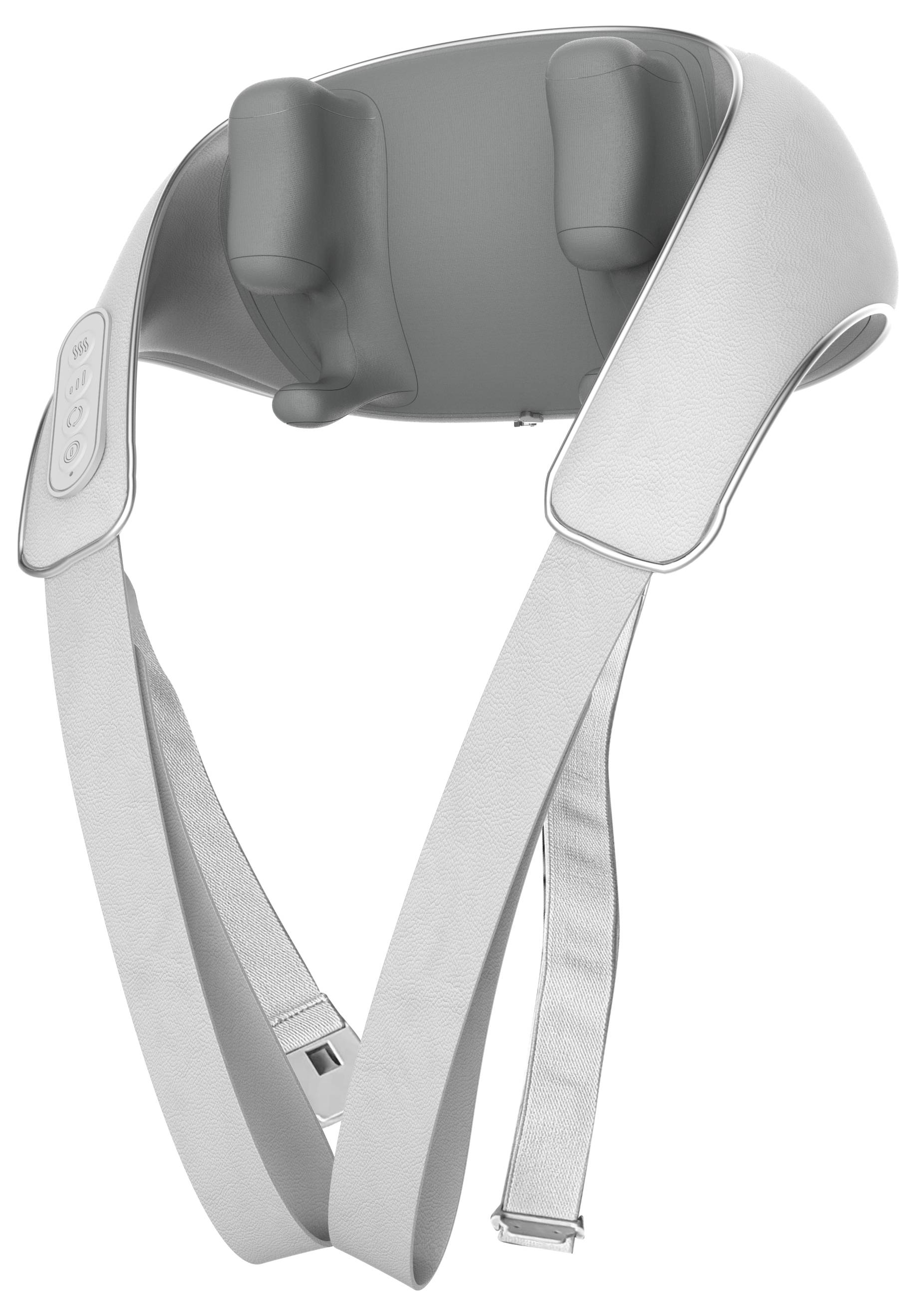 Un appareil de massage gris pour la nuque, équipé de sangles et d'un panneau de commande sur le côté, conçu pour détendre la nuque et masser les muscles.