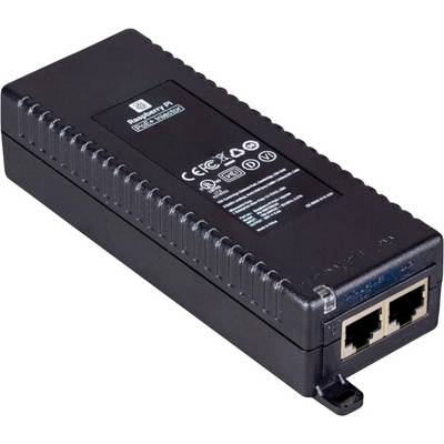 Appareil adaptateur Power over Ethernet noir avec deux ports Ethernet, une connexion de câble d'alimentation et des informations produit sur le dessus.