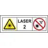 Panneau d'avertissement pour rayonnement laser, classe 2. À gauche : triangle jaune avec symbole de rayon laser. À droite : symbole d'interdiction rouge avec un œil.