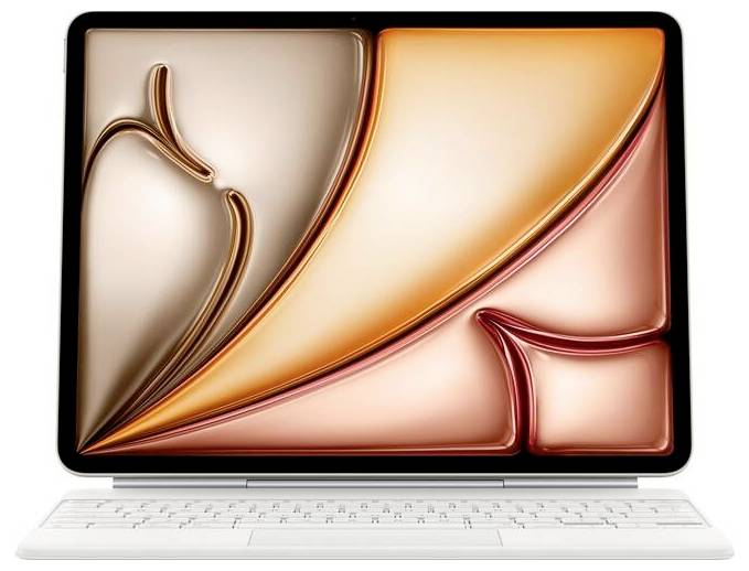 Une tablette dans un boîtier blanc avec des graphiques abstraits et colorés à l'écran, probablement utilisée pour démontrer les capacités de l'affichage.