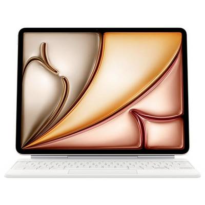 Une tablette dans un boîtier blanc avec des graphiques abstraits et colorés à l'écran, probablement utilisée pour démontrer les capacités de l'affichage.