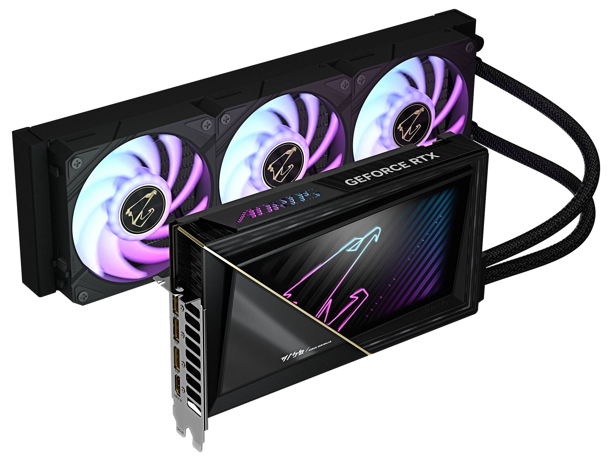 Carte graphique avec l'inscription 'GeForce RTX', équipée de trois ventilateurs éclairés.