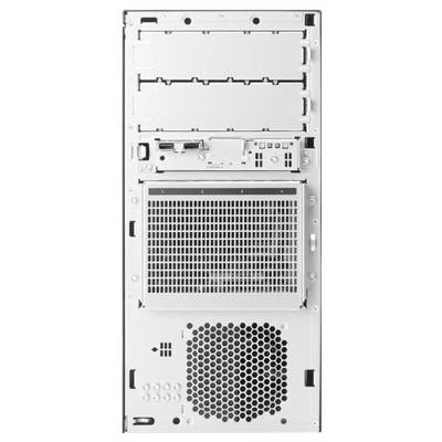 Le dos d'un boîtier d'ordinateur présente des grilles de ventilation, des ports de connexion et des emplacements d'extension.