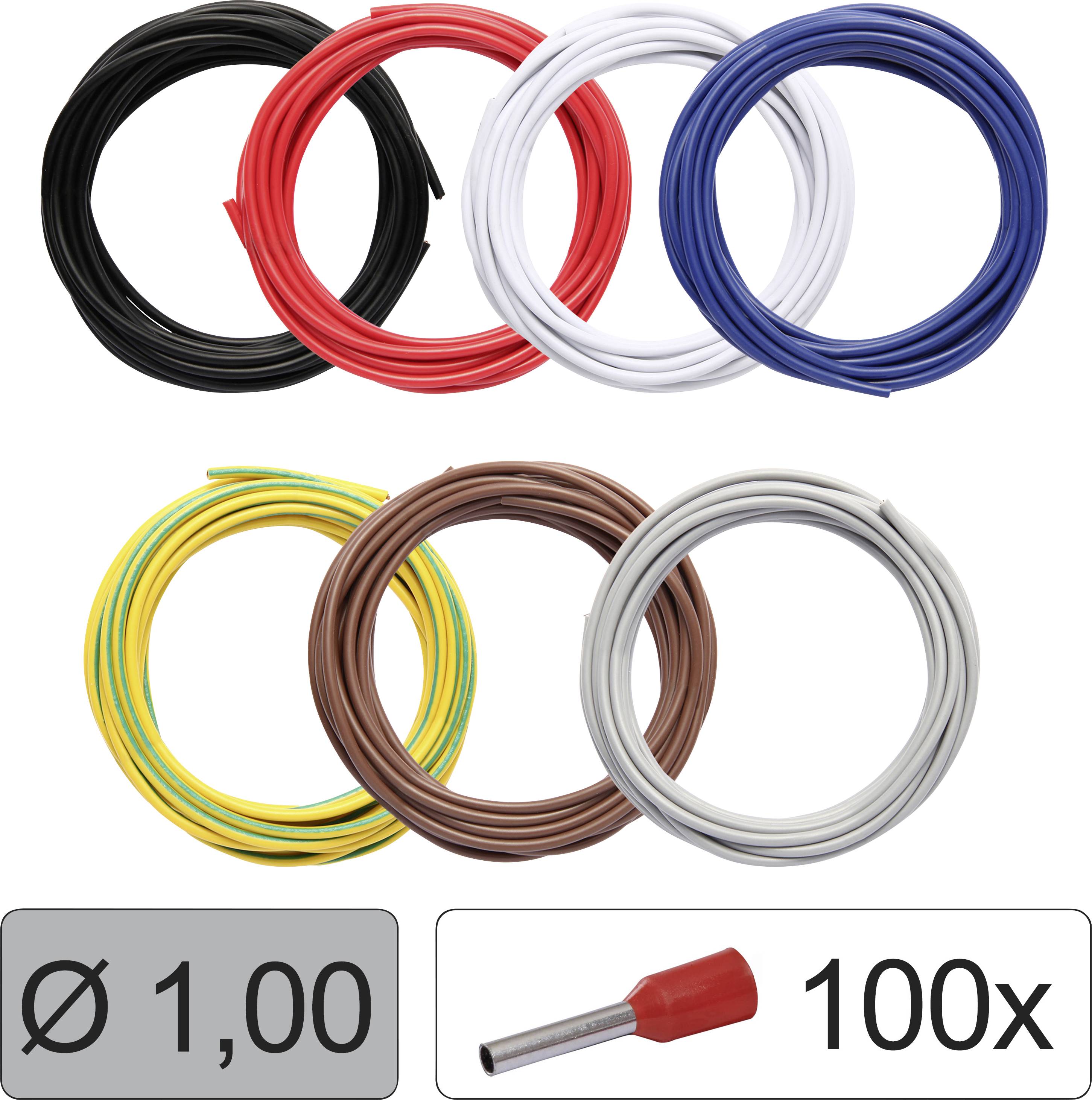 Sept rouleaux de câbles dans différentes couleurs : Noir, Rouge, Blanc, Jaune-Vert, Marron, Gris et Bleu. Avec 100 embouts de câble rouges.
