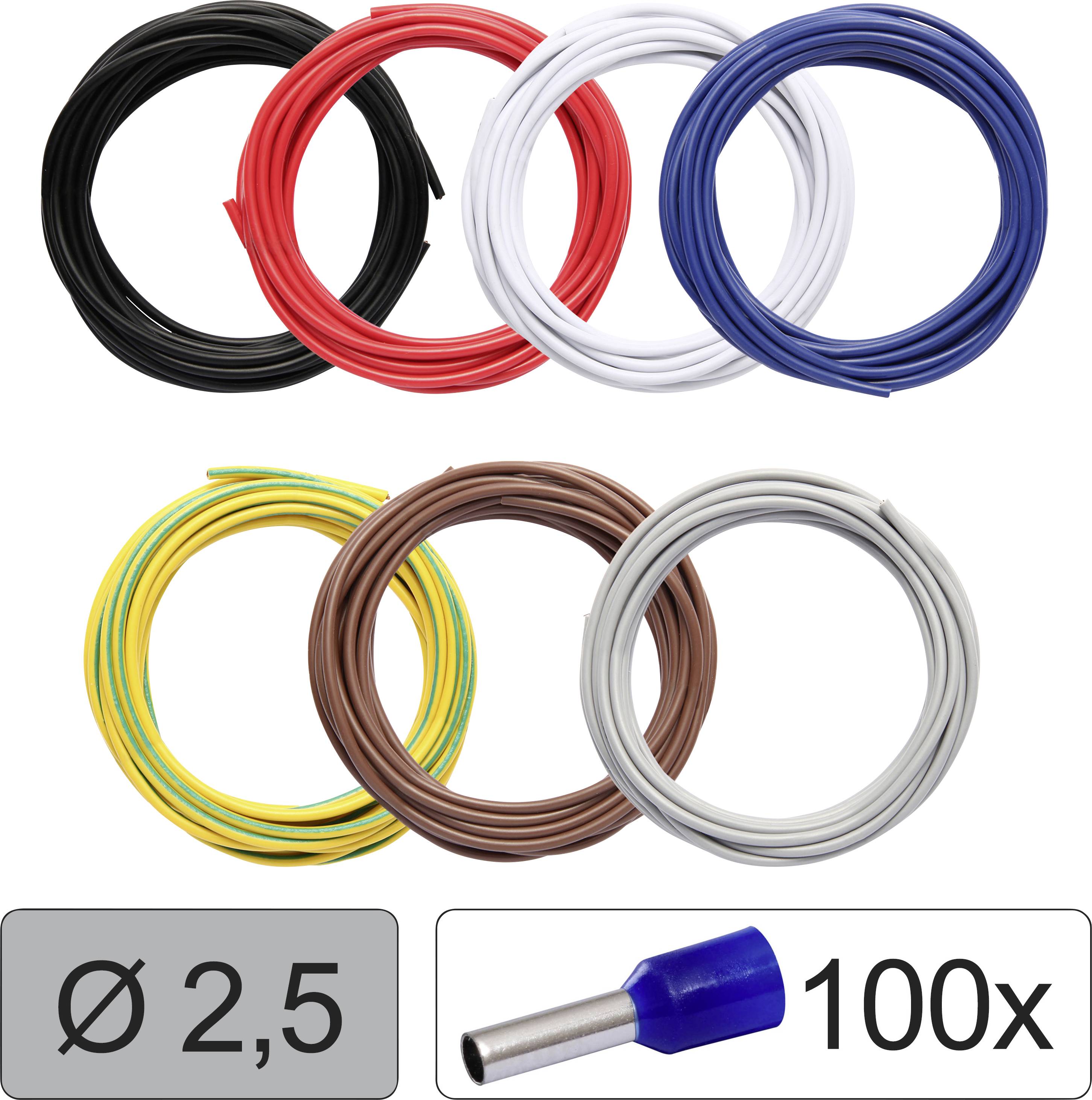 'Sept bagues de câble de différentes couleurs et un paquet de 100 embouts de câble bleus, diamètre 2,5 mm.'