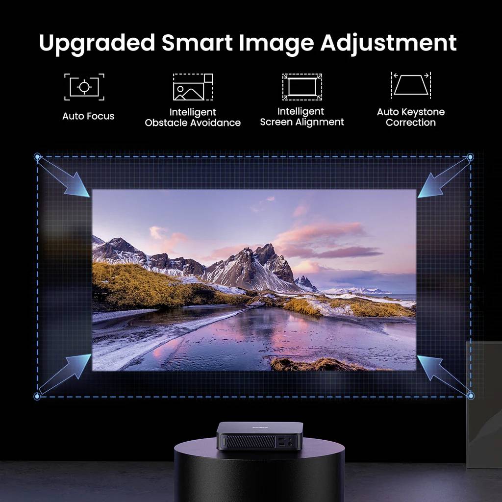 Projecteur domestique avec des fonctionnalités d'ajustement automatique de l'image telles que l'autofocus et l'évitement des obstacles, projetant un paysage sur un écran.