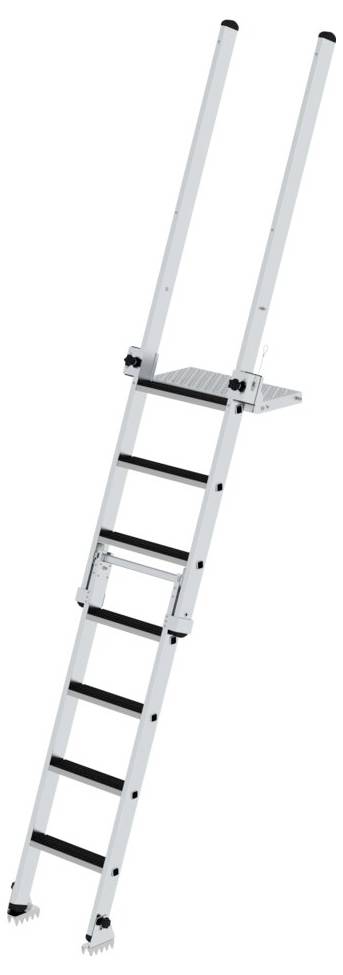 Échelle télescopique, dépliée, à sept échelons et pieds de sécurité en métal, adaptée aux travaux en hauteur.