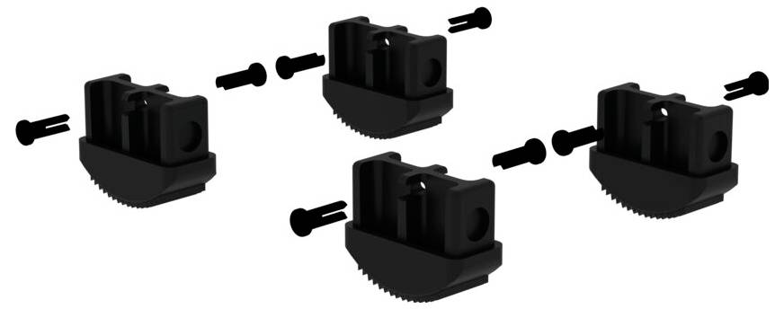 Quatre pièces en plastique noir avec des découpes, chacune accompagnée d'une cheville correspondante. Les pièces sont réparties uniformément dans l'image.