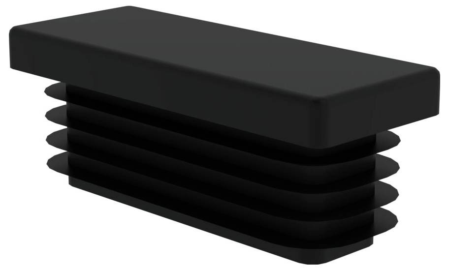 Bouchon rectangulaire noir au design strié, probablement utilisé pour couvrir des extrémités de tubes ouvertes ou des trous dans des meubles ou des appareils.