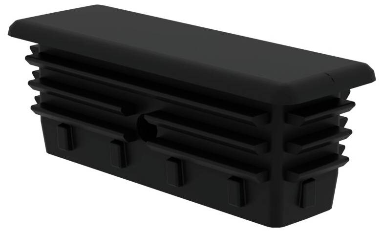 Bouchon rectangulaire noir en plastique avec des rainures horizontales et une surface lisse, probablement destiné à être utilisé dans des meubles ou des tubes.