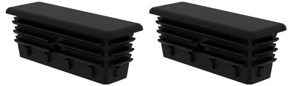 Deux capuchons de protection noirs rectangulaires à structure nervurée, probablement destinés à des meubles ou à des tuyaux, disposés côte à côte.