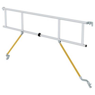Une barrière blanche avec des supports jaunes, utilisée pour la sécurisation de chantiers.