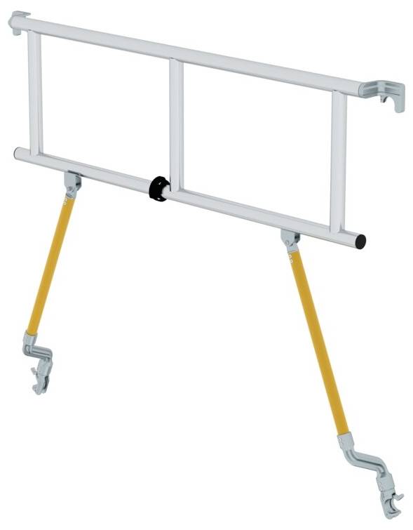 Une barrière de sécurité en métal avec deux supports orange, destinée à bloquer l'accès aux escaliers.