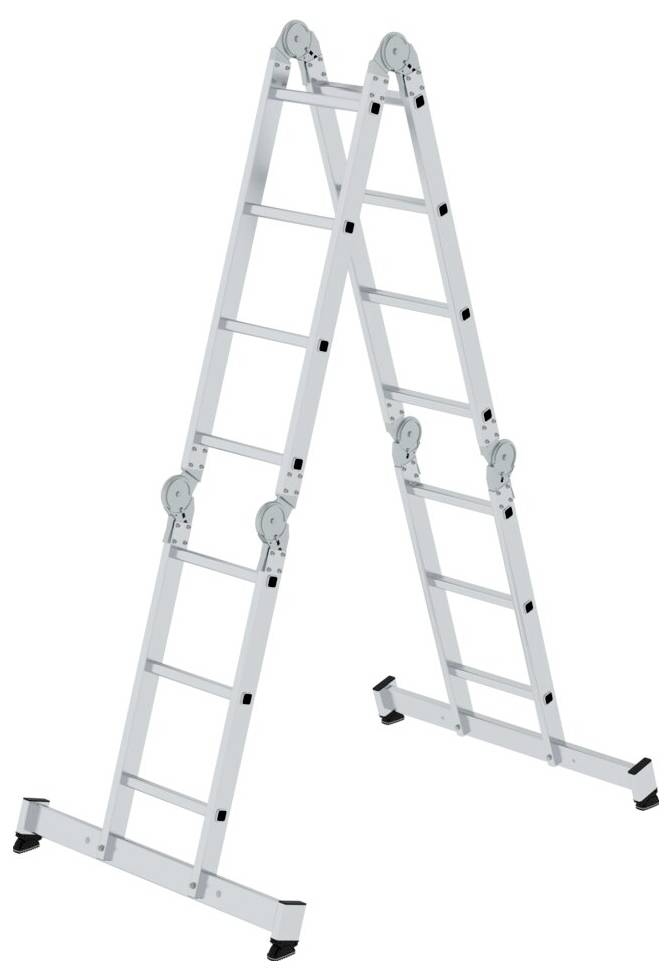 Une échelle pliante en aluminium en forme de A est dépliée. Elle possède plusieurs articulations qui permettent une utilisation flexible.