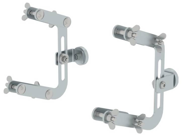 Deux supports métalliques munis de papillons de serrage, disposés parallèlement côte à côte, adaptés pour la fixation ou le support d'appareils ou de structures.