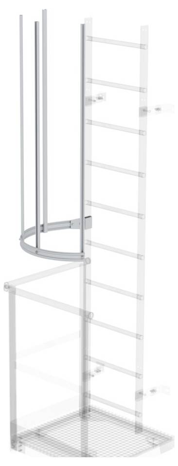 Conducteur métallique avec cage de protection, fixé au mur. La partie supérieure est représentée en gris et s'élève vers le haut.