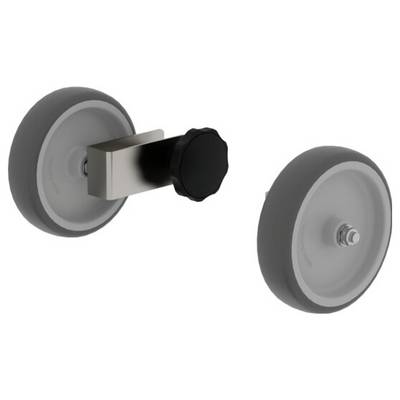 Deux roues grises avec fixation métallique et bouton de rotation noir, probablement un accessoire pour meubles ou équipements de transport.