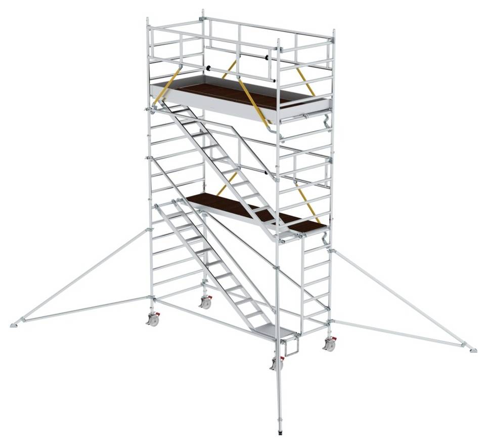 'Échafaudage en aluminium avec deux niveaux de plateforme et des garde-corps de sécurité, mobile sur roulettes avec stabilisateurs sur les côtés pour plus de stabilité.'