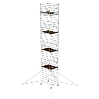 Un échafaudage haut de cinq plateformes, solidement stabilisé par quatre contrefiches diagonales. Adapté aux travaux en hauteur et aux constructions.