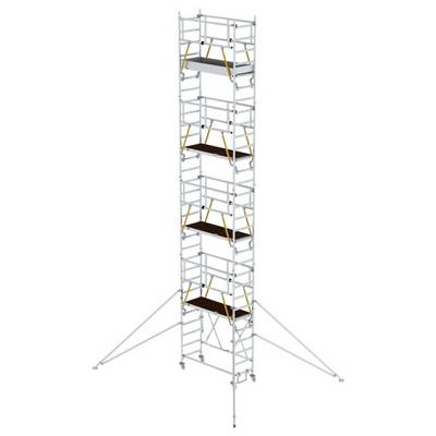Un échafaudage élevé avec plusieurs niveaux, équipé de plateformes métalliques et de garde-corps pour assurer le support et la stabilité lors de travaux en hauteur.