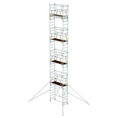Un échafaudage élevé avec plusieurs niveaux et des contreventements stabilisateurs. Adapté aux travaux de construction en hauteur.