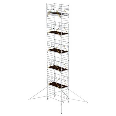 Un échafaudage mobile haute hauteur à plusieurs niveaux, chaque niveau équipé de plateformes, renforcé par des traverses diagonales. Adapté aux travaux de construction et de peinture.