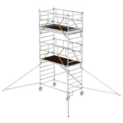 Échafaudage mobile en métal équipé de deux plateformes, d'échelles et de pieds de support. Adapté aux travaux de construction et de réparation en hauteur.