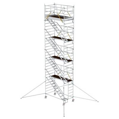 Structure métallique à plusieurs niveaux avec des escaliers d'accès. Adaptée aux travaux de construction ou de rénovation en hauteur en extérieur.