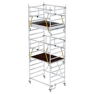 Un échafaudage stable en aluminium avec deux niveaux de plateforme et des roulettes pour une mobilité facile, adapté aux travaux de construction et de maintenance.