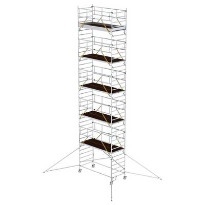 Un échafaudage haut, autoportant, avec plusieurs niveaux et garde-corps, adapté aux travaux en hauteur.