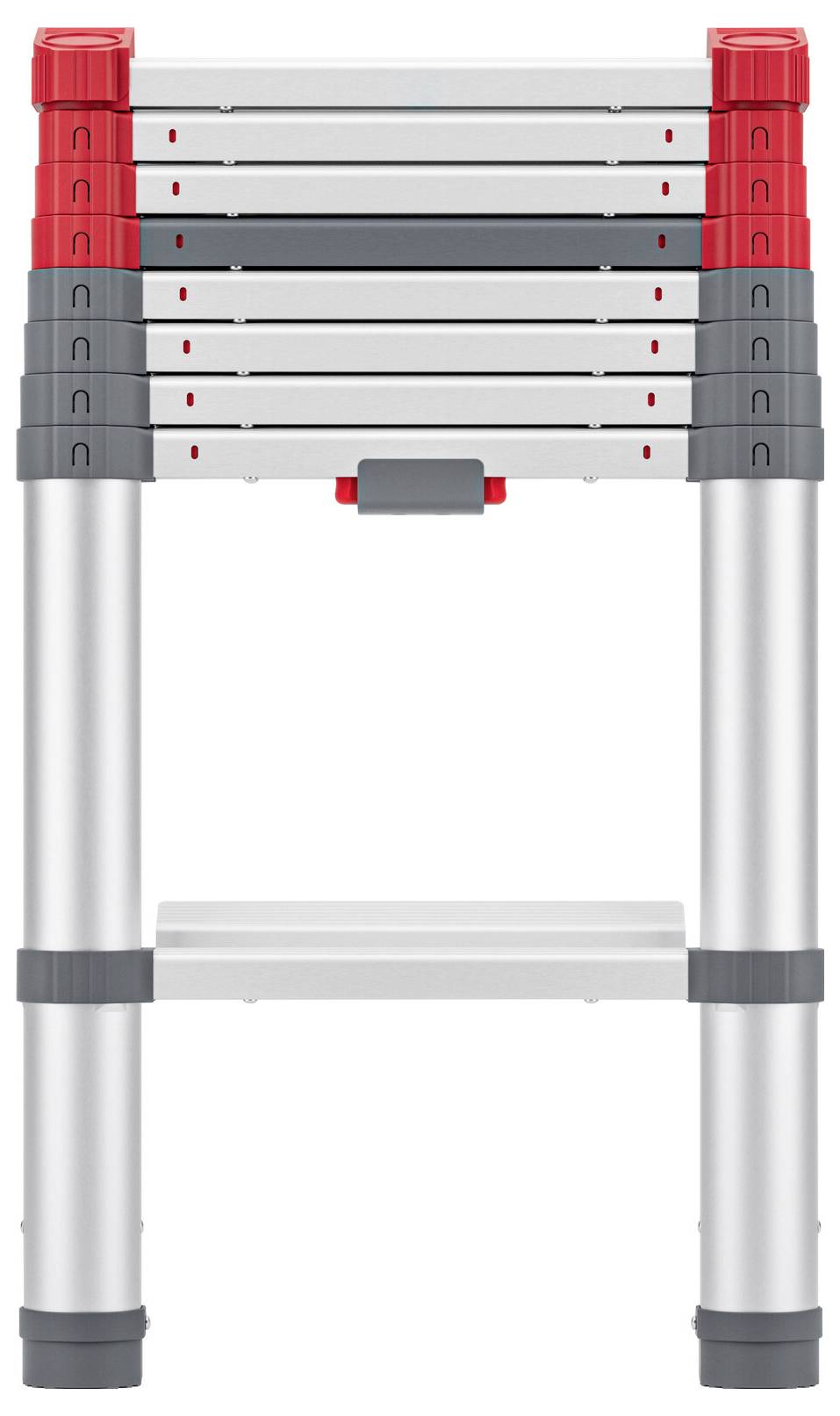 Échelle télescopique déployée en rouge et gris avec deux marches robustes, adaptée aux utilisations intérieures et extérieures.