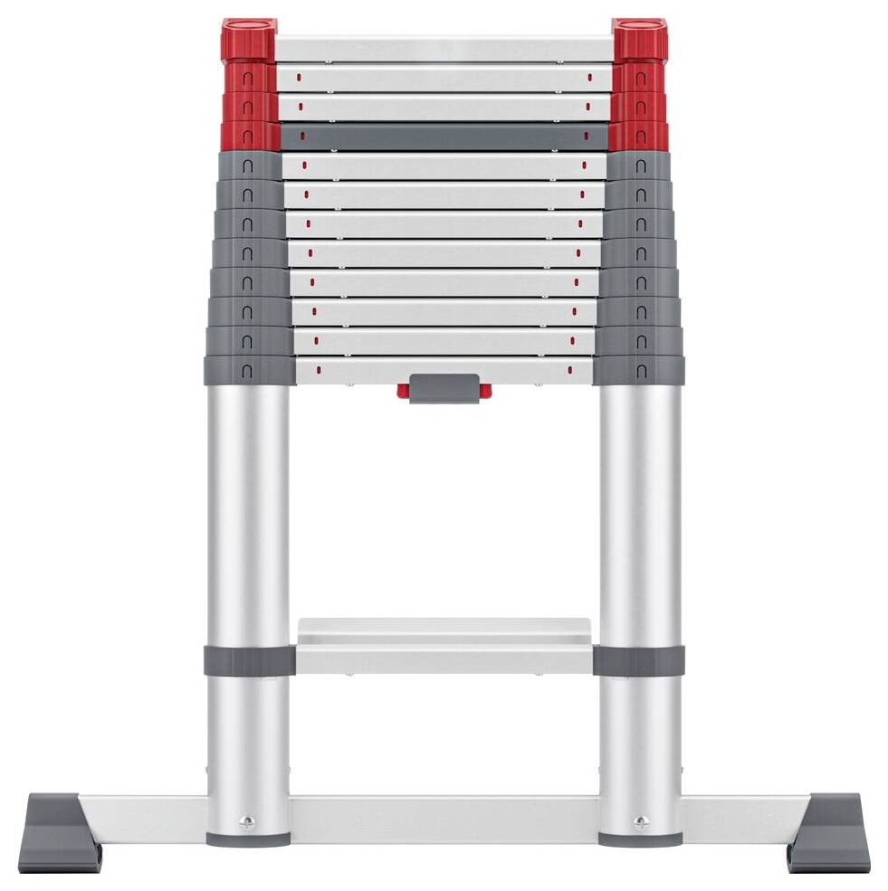 Échelle télescopique pliable en aluminium, compacte, de couleur argent avec des touches de rouge, debout une fois repliée.