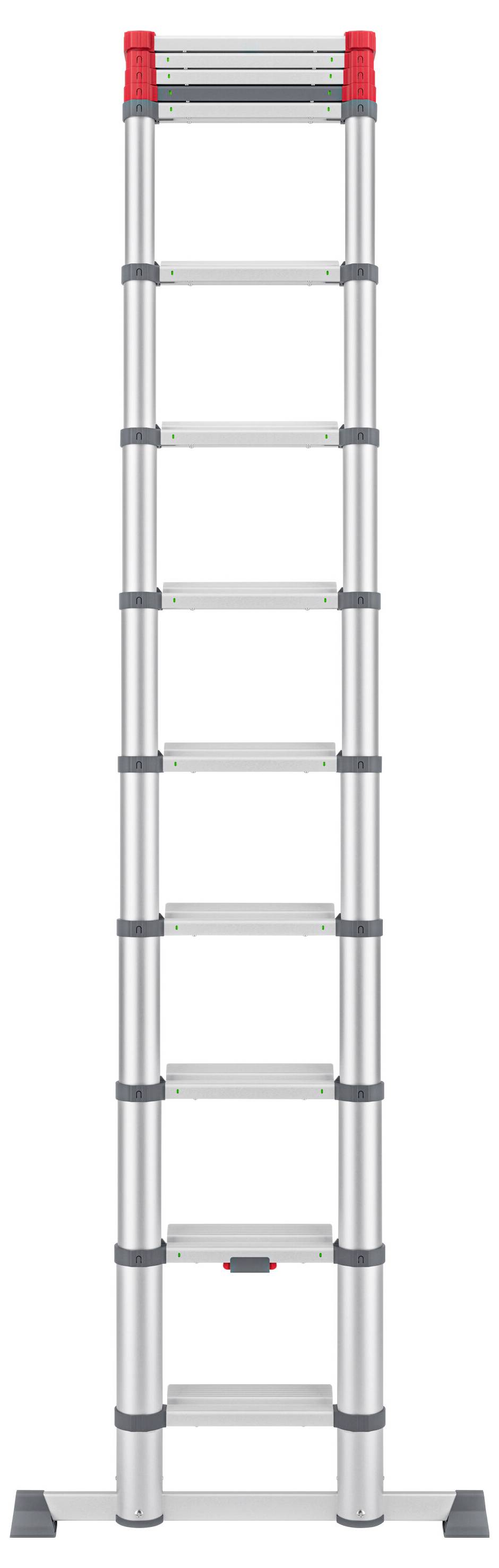 Une échelle télescopique en aluminium à plusieurs échelons, entièrement déployée.