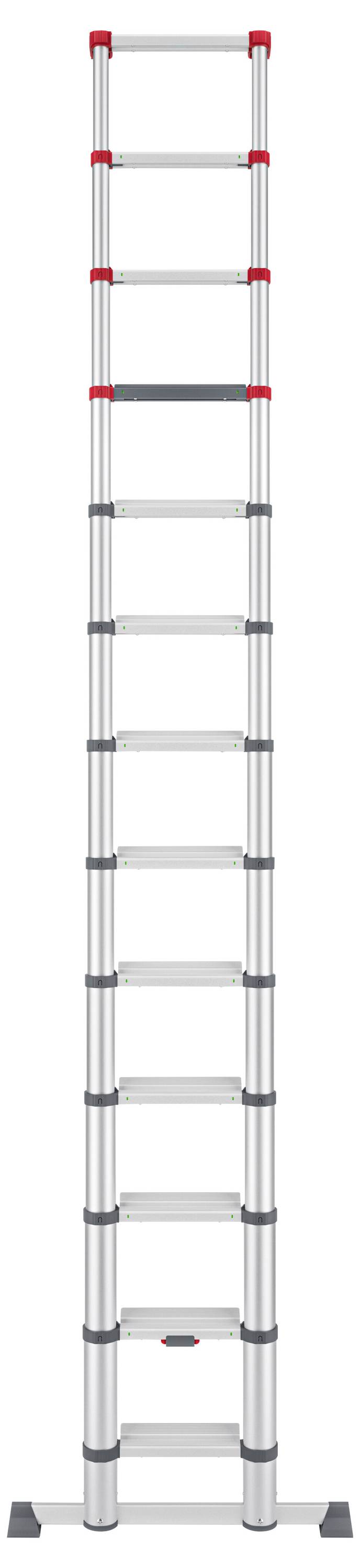 Échelle pliante en aluminium, entièrement déployée, avec douze échelons et des verrous de sécurité rouges. Idéale pour les travaux en hauteur.