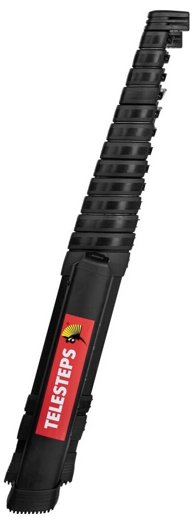 Échelle télescopique au design noir avec le logo rouge 'Telesteps', idéale pour un rangement et un transport faciles.