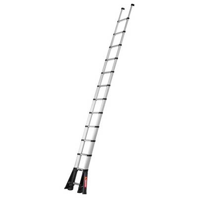 Une longue échelle télescopique argentée avec un pied noir et des accents rouges est dressée verticalement. Adaptée aux travaux en hauteur nécessitant de la flexibilité.