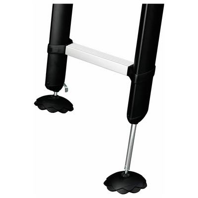 Une jambe de table noire avec des pieds en caoutchouc ronds et une connexion en métal argenté qui offre stabilité et antidérapance.