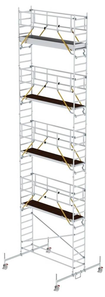 Échafaudage en aluminium avec cinq plateformes superposées, monté sur roulettes pour une mobilité optimale. Adapté aux travaux en hauteur et aux travaux de montage en intérieur comme en extérieur.