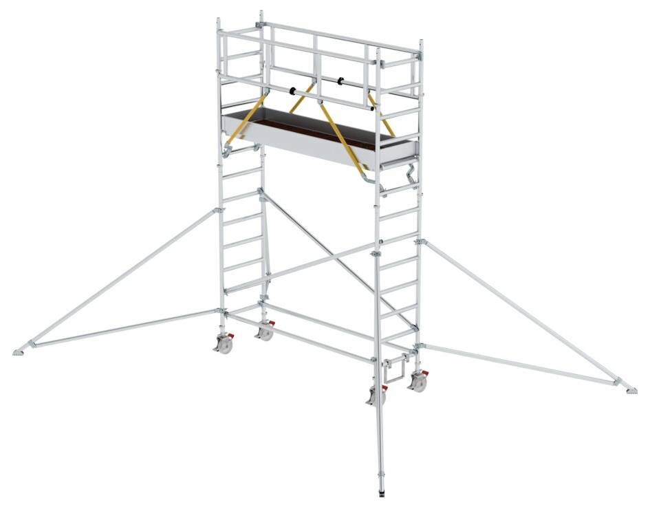 L'image montre un échafaudage mobile en métal avec une plateforme centrale, des garde-corps latéraux et quatre pieds à roulettes pour assurer la stabilité.