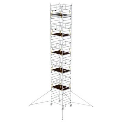 Un échafaudage haut de six niveaux, équipé de plateformes et de garde-corps latéraux, repose de manière stable sur une large base.