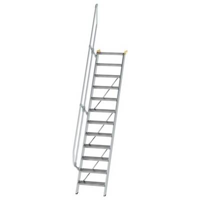 Passerelle métallique avec main courante et marches antidérapantes, montant abruptement.